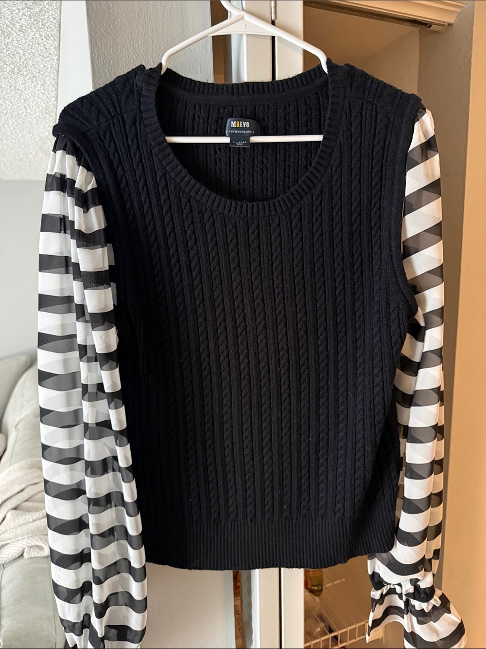 Anthro Maeve Black Cable-Knit Sweater with Black-and-White Patterned Sleeves